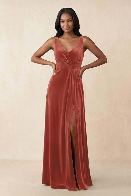V - Neck Ruched A - Line Velvet Bridesmaid Dress in Terracotta - KISS BRIDAL Bridesmaid Dresses