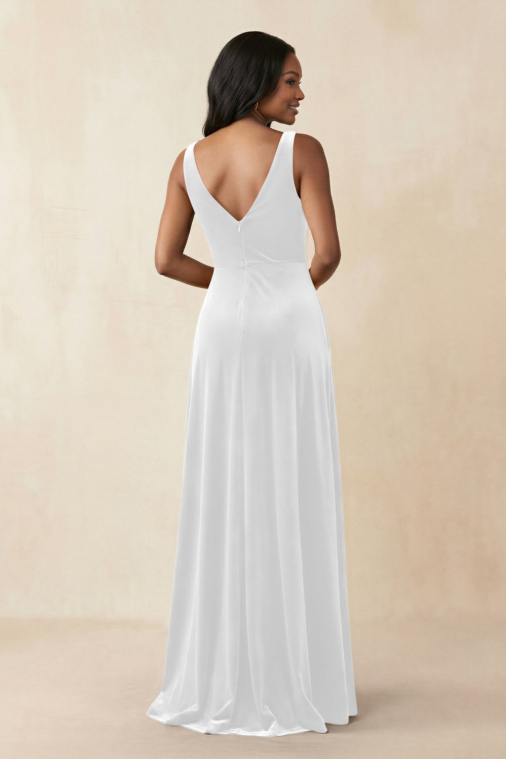 V-Neck Ruched A-Line Velvet Bridesmaid Dress in White