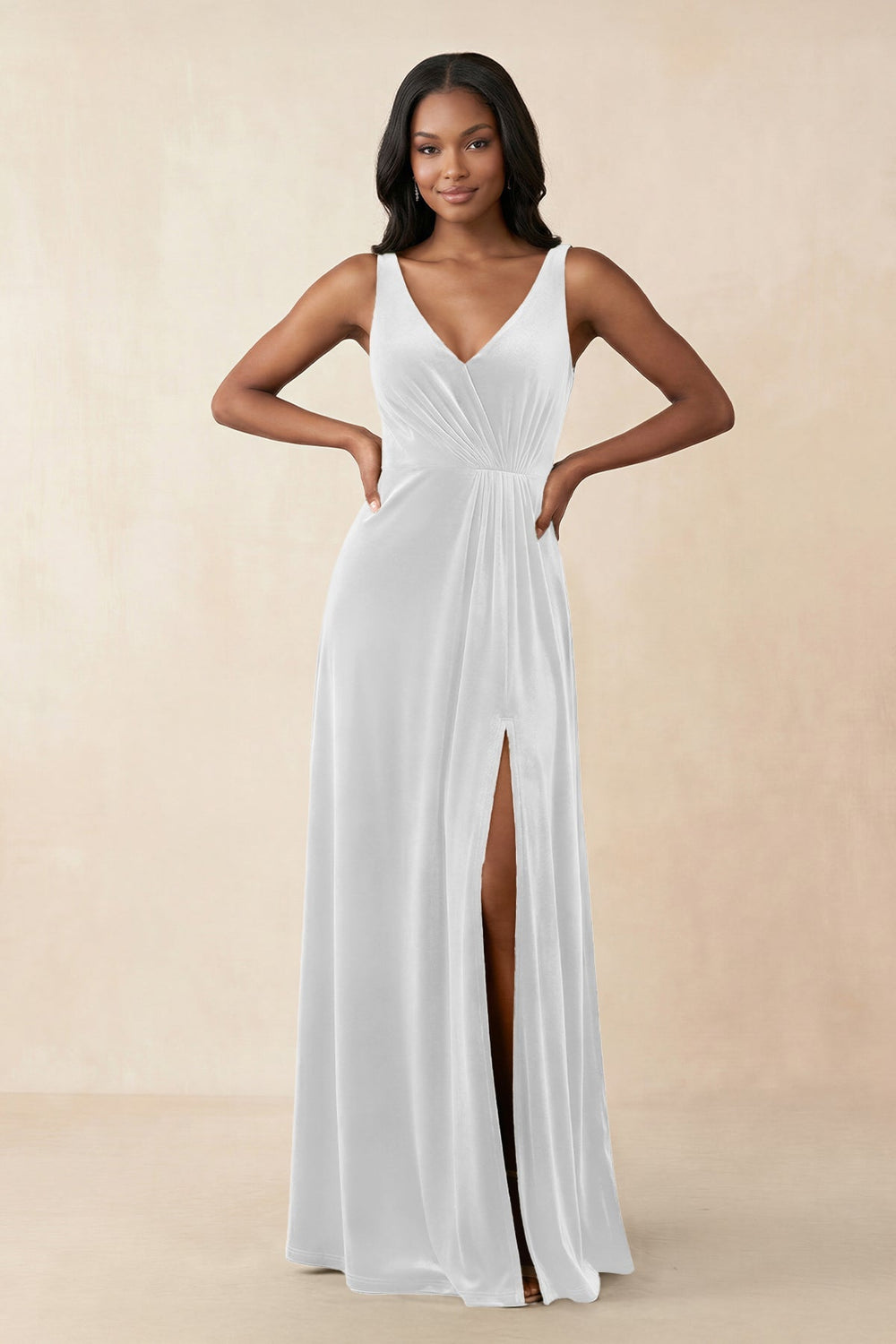 V-Neck Ruched A-Line Velvet Bridesmaid Dress in White