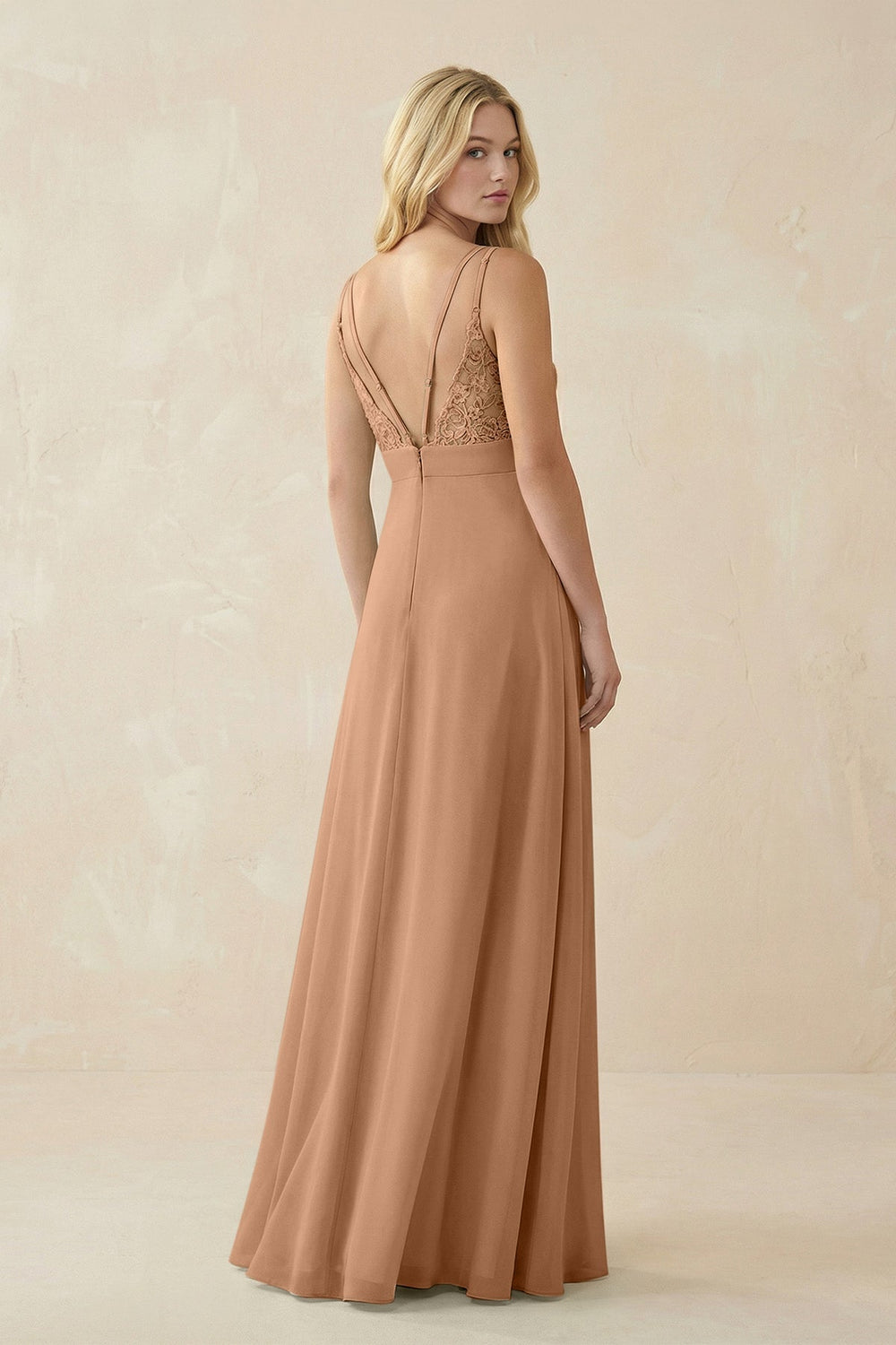 V-Neck Ruched Chiffon Bridesmaid Dress with Slit in Bronzer