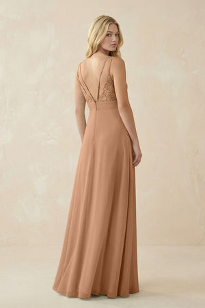 V - Neck Ruched Chiffon Bridesmaid Dress with Slit in Bronzer - KISS BRIDAL Bridesmaid Dresses