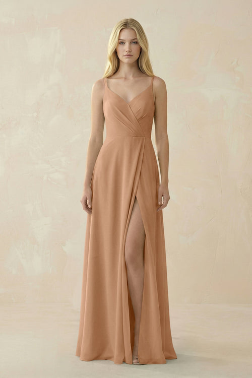 V - Neck Ruched Chiffon Bridesmaid Dress with Slit in Bronzer - KISS BRIDAL Bridesmaid Dresses