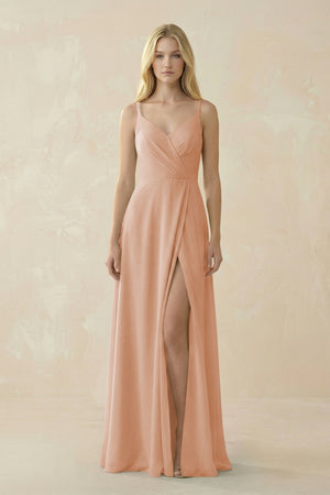 V - Neck Ruched Chiffon Bridesmaid Dress with Slit in Champagne Rose - KISS BRIDAL Bridesmaid Dresses