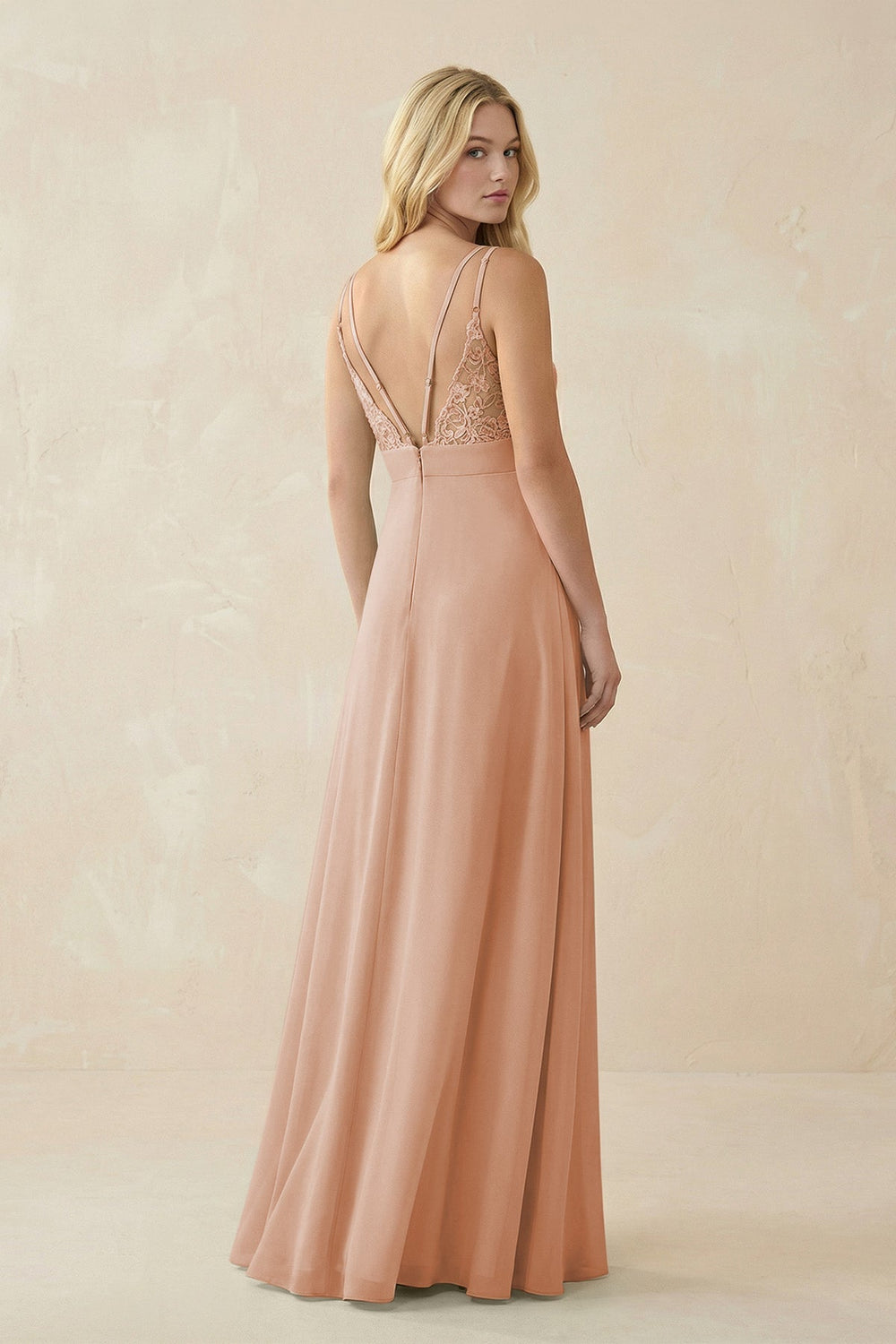 V-Neck Ruched Chiffon Bridesmaid Dress with Slit in Champagne Rose