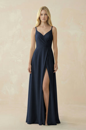 V - Neck Ruched Chiffon Bridesmaid Dress with Slit in Dark Navy - KISS BRIDAL Bridesmaid Dresses