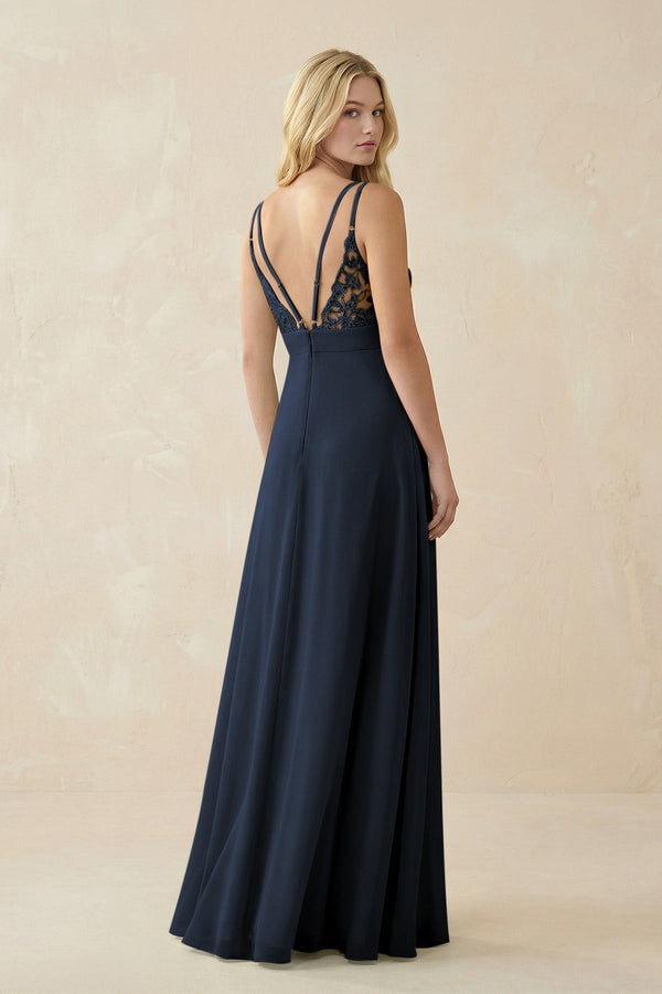 V - Neck Ruched Chiffon Bridesmaid Dress with Slit in Dark Navy - KISS BRIDAL Bridesmaid Dresses