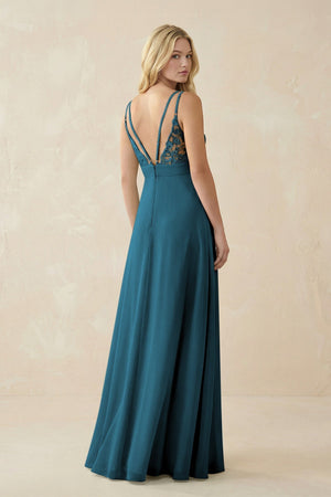 V - Neck Ruched Chiffon Bridesmaid Dress with Slit in Dark Teal - KISS BRIDAL Bridesmaid Dresses