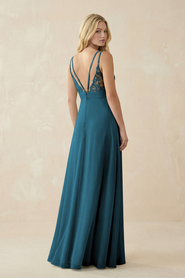 V - Neck Ruched Chiffon Bridesmaid Dress with Slit in Dark Teal - KISS BRIDAL Bridesmaid Dresses