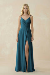 V - Neck Ruched Chiffon Bridesmaid Dress with Slit in Dark Teal - KISS BRIDAL Bridesmaid Dresses