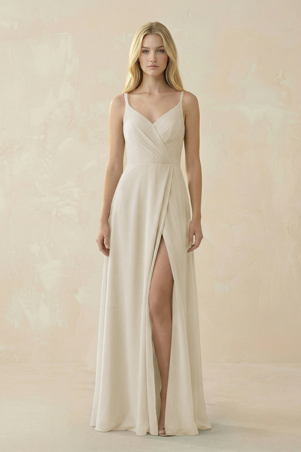 V-Neck Ruched Chiffon Bridesmaid Dress with Slit in Dove Gray