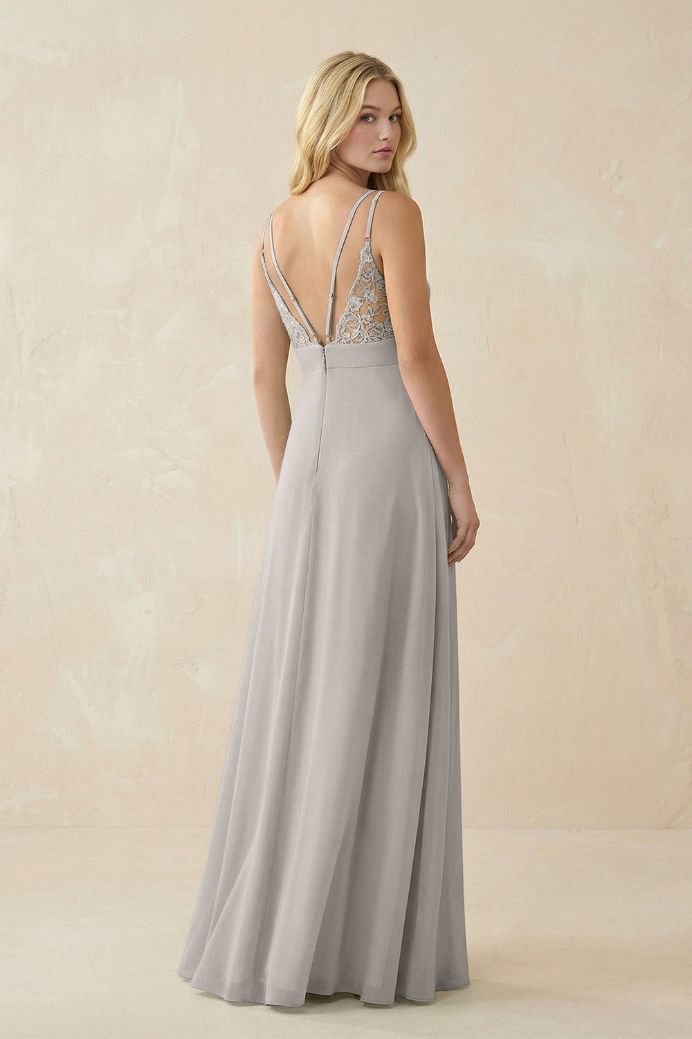 V-Neck Ruched Chiffon Bridesmaid Dress with Slit in Silver