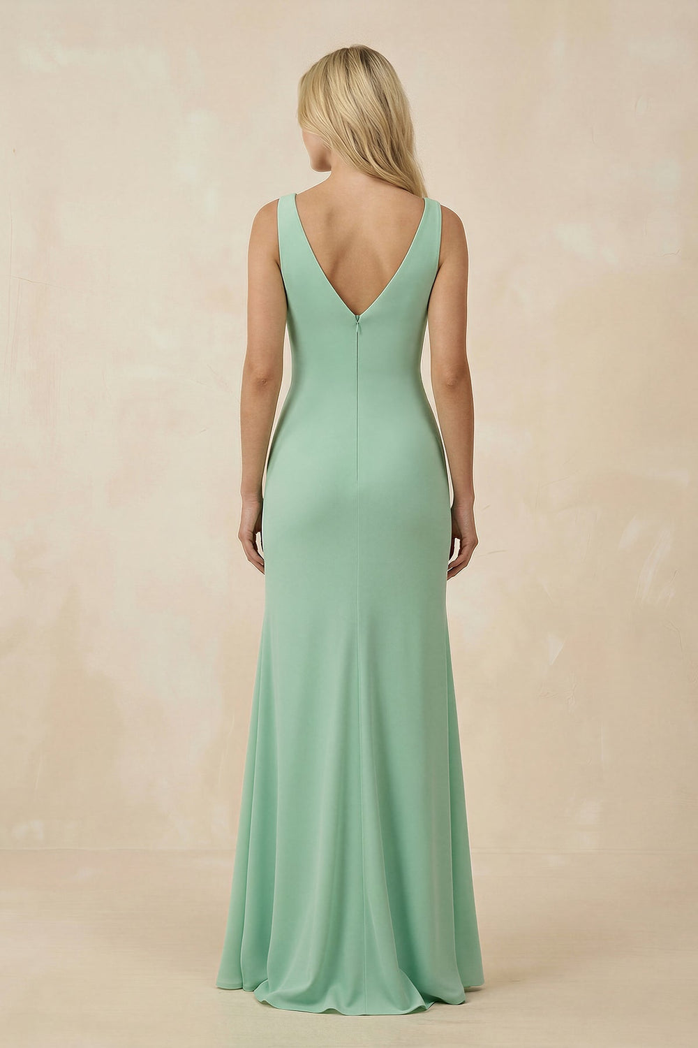 V-Neck Ruched Sheath Bridesmaid Dress with Slit in Pale Pistachio