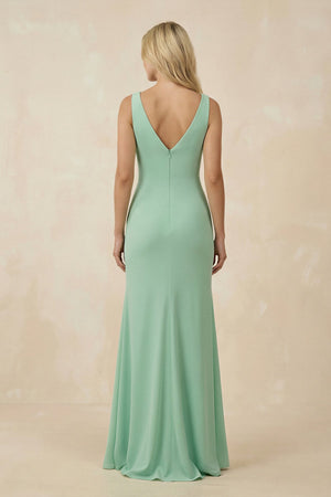 V-Neck Ruched Sheath Bridesmaid Dress with Slit in Pale Pistachio - KISS BRIDAL BRIDESMAID DRESSES