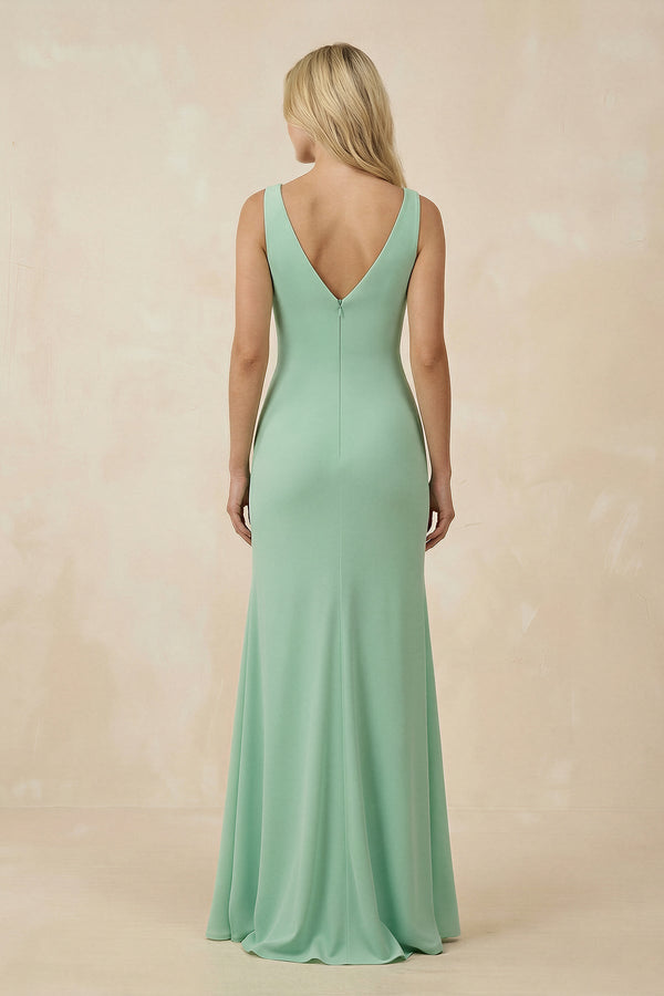 V-Neck Ruched Sheath Bridesmaid Dress with Slit in Pale Pistachio - KISS BRIDAL BRIDESMAID DRESSES