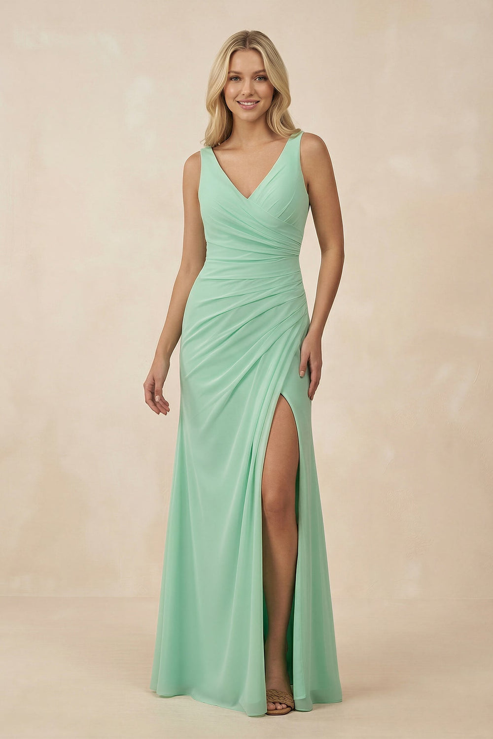 V-Neck Ruched Sheath Bridesmaid Dress with Slit in Pale Pistachio