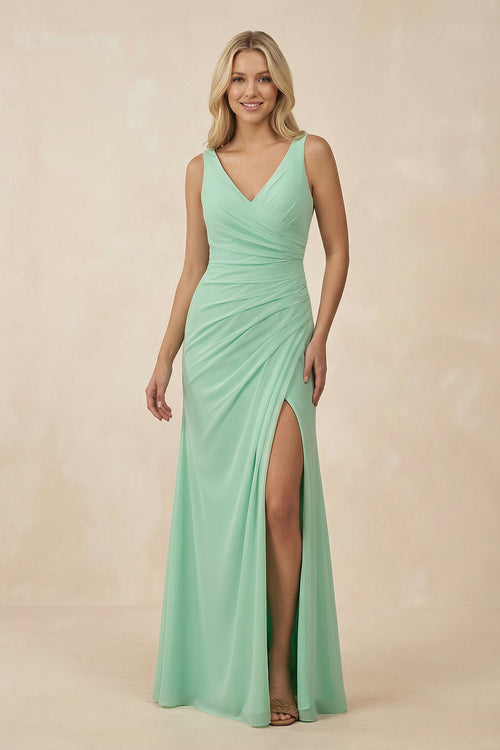 V-Neck Ruched Sheath Bridesmaid Dress with Slit in Pale Pistachio - KISS BRIDAL BRIDESMAID DRESSES