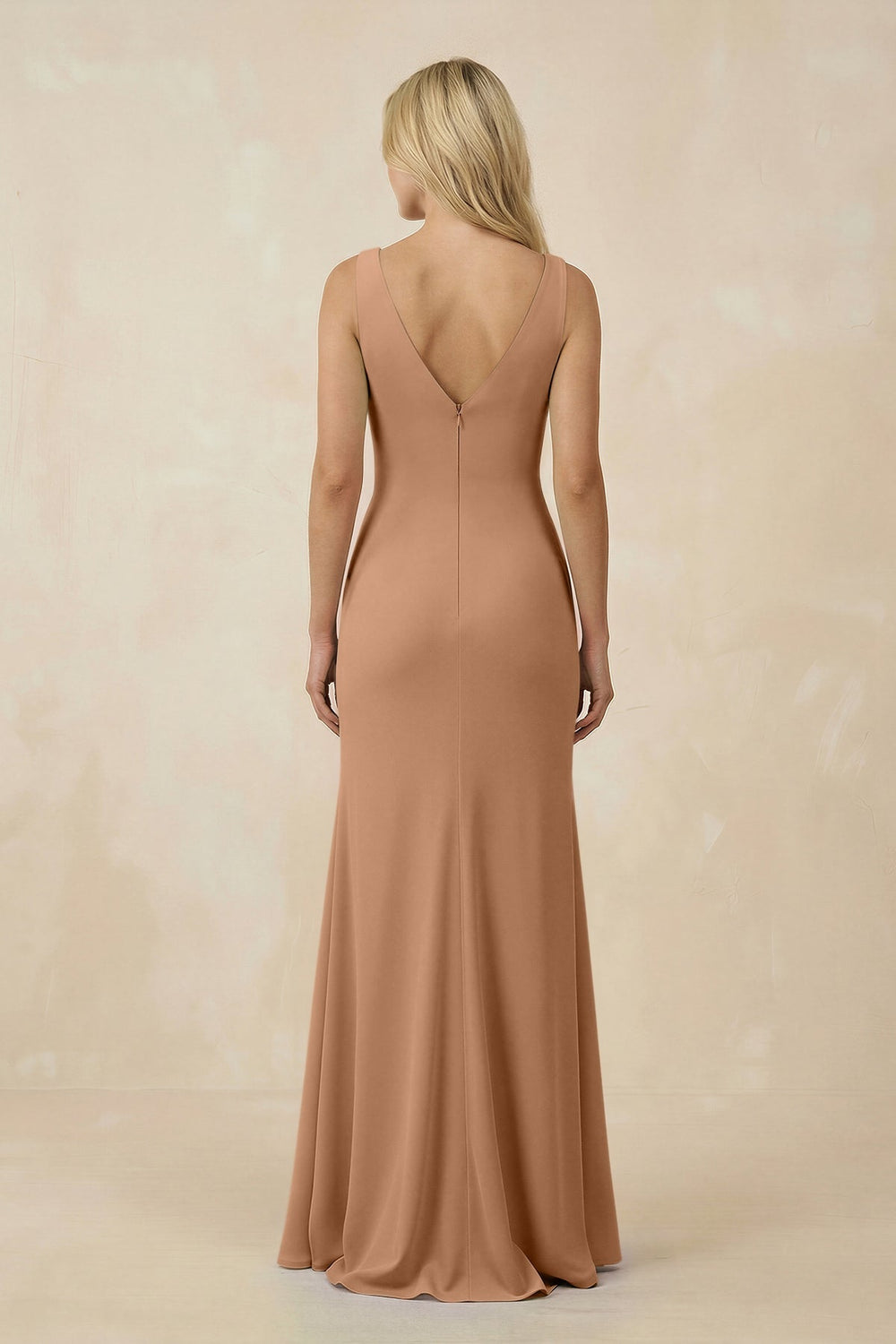 V-Neck Ruched Sheath Bridesmaid Dress with Slit in Bronzer