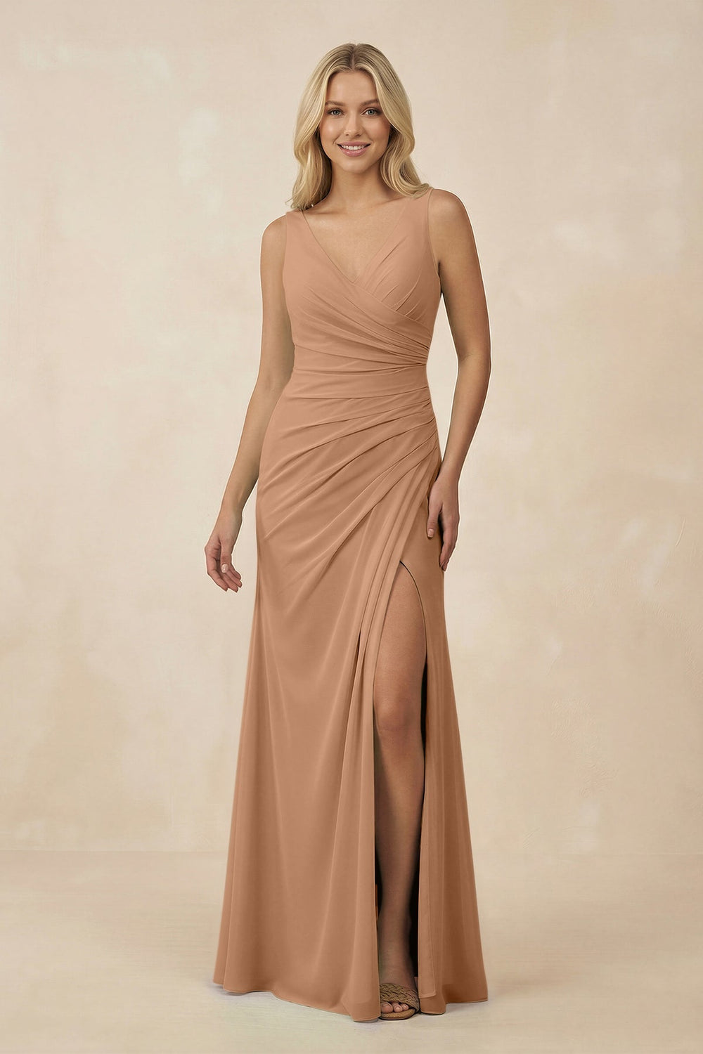 V-Neck Ruched Sheath Bridesmaid Dress with Slit in Bronzer