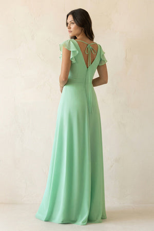 V-Neck Ruffled A-Line Chiffon Bridesmaid Dress in Pale Pistachio - KISS BRIDAL BRIDESMAID DRESSES