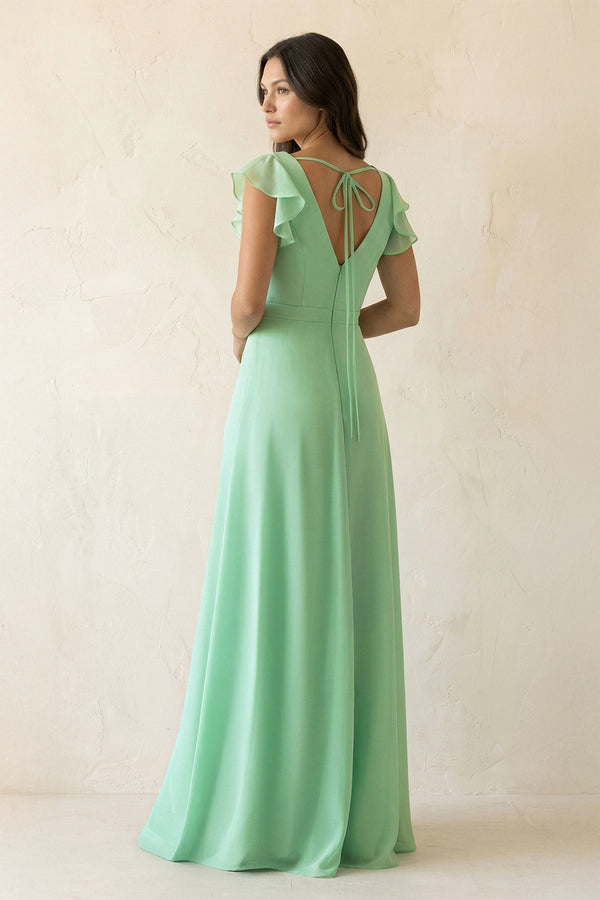 V-Neck Ruffled A-Line Chiffon Bridesmaid Dress in Pale Pistachio - KISS BRIDAL BRIDESMAID DRESSES