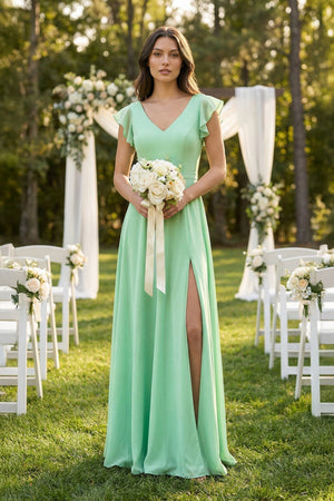 V-Neck Ruffled A-Line Chiffon Bridesmaid Dress in Pale Pistachio - KISS BRIDAL BRIDESMAID DRESSES