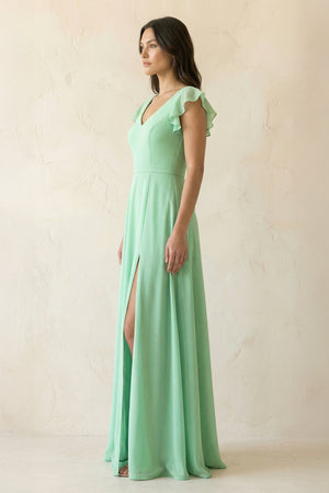 V-Neck Ruffled A-Line Chiffon Bridesmaid Dress in Pale Pistachio - KISS BRIDAL BRIDESMAID DRESSES