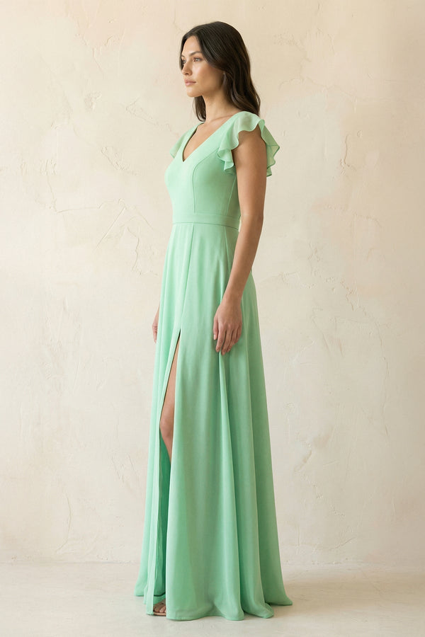 V-Neck Ruffled A-Line Chiffon Bridesmaid Dress in Pale Pistachio - KISS BRIDAL BRIDESMAID DRESSES
