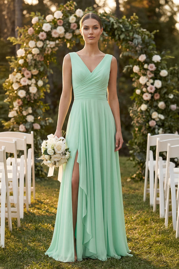 V - Neck Ruffled A - Line Chiffon Bridesmaid Dress - KISS BRIDAL Bridesmaid Dresses