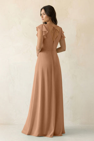 V - Neck Ruffled A - Line Chiffon Bridesmaid Dress in Bronzer - KISS BRIDAL Bridesmaid Dresses