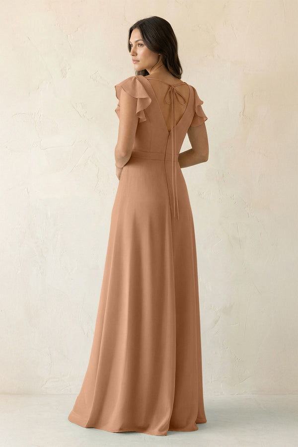 V - Neck Ruffled A - Line Chiffon Bridesmaid Dress in Bronzer - KISS BRIDAL Bridesmaid Dresses