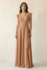 V - Neck Ruffled A - Line Chiffon Bridesmaid Dress in Bronzer - KISS BRIDAL Bridesmaid Dresses