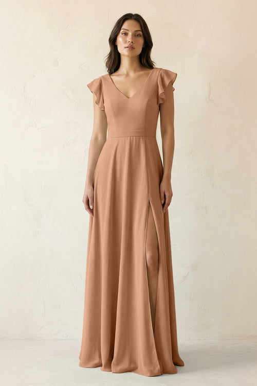V - Neck Ruffled A - Line Chiffon Bridesmaid Dress in Bronzer - KISS BRIDAL Bridesmaid Dresses