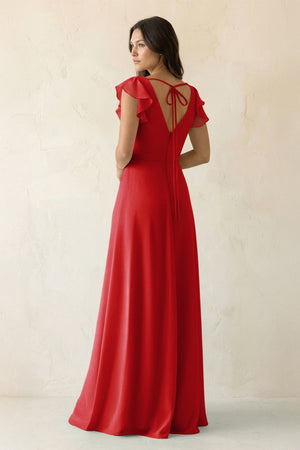 V - Neck Ruffled A - Line Chiffon Bridesmaid Dress in Ruby Red - KISS BRIDAL Bridesmaid Dresses