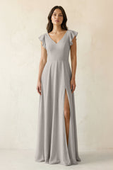 V - Neck Ruffled A - Line Chiffon Bridesmaid Dress in Silver - KISS BRIDAL Bridesmaid Dresses