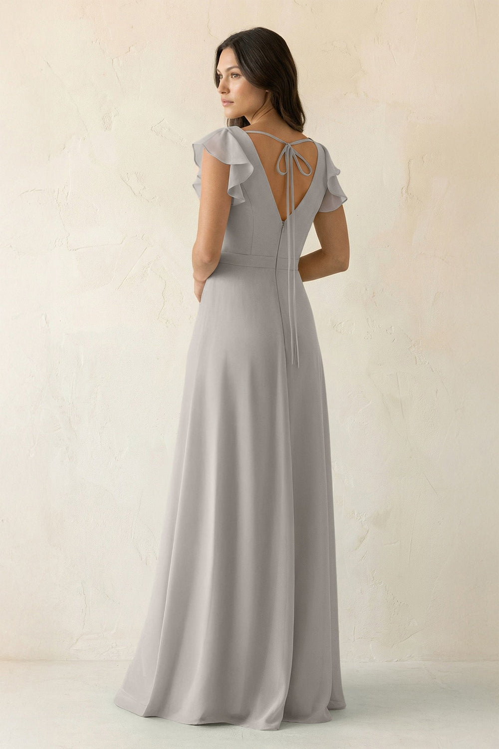 V-Neck Ruffled A-Line Chiffon Bridesmaid Dress in Silver
