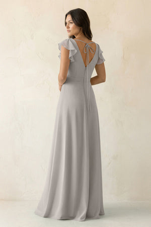 V - Neck Ruffled A - Line Chiffon Bridesmaid Dress in Silver - KISS BRIDAL Bridesmaid Dresses