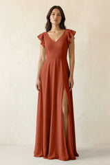 V - Neck Ruffled A - Line Chiffon Bridesmaid Dress in Spice - KISS BRIDAL Bridesmaid Dresses