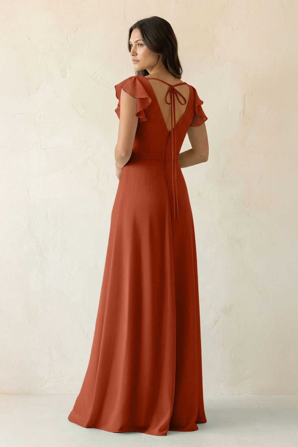 V-Neck Ruffled A-Line Chiffon Bridesmaid Dress in Spice