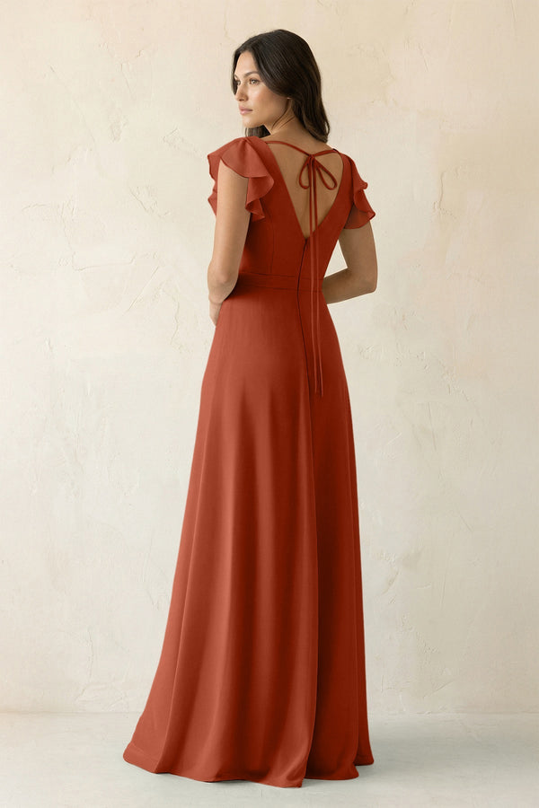 V - Neck Ruffled A - Line Chiffon Bridesmaid Dress in Spice - KISS BRIDAL Bridesmaid Dresses