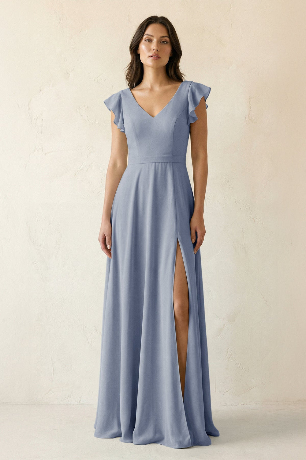 V-Neck Ruffled A-Line Chiffon Bridesmaid Dress in Twilight
