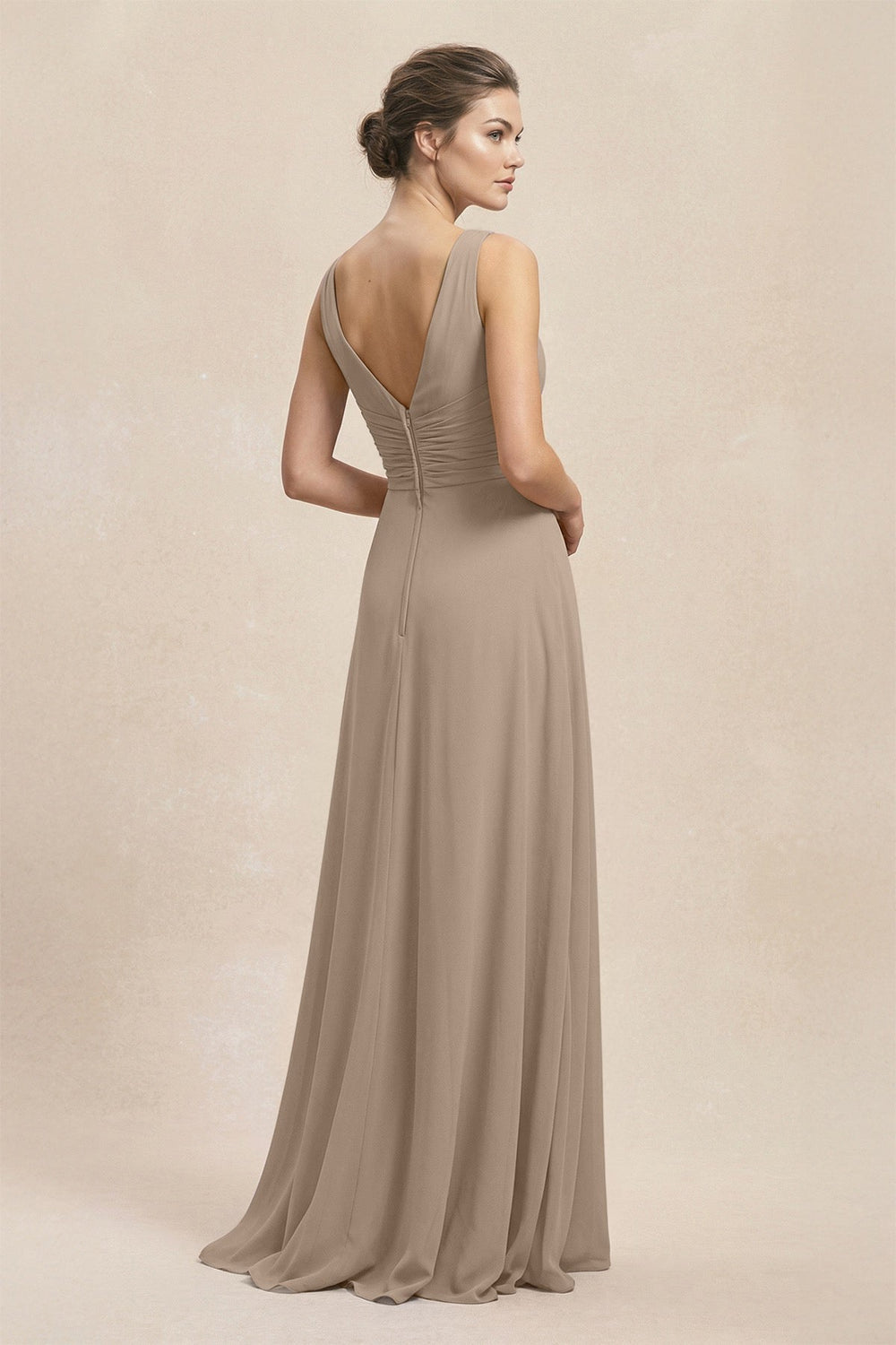 V-Neck Ruffled Ruched Chiffon A-Line Bridesmaid Dress in Almond