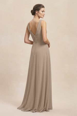 V-Neck Ruffled Ruched Chiffon A-Line Bridesmaid Dress in Almond (2) | KISSBRIDAL