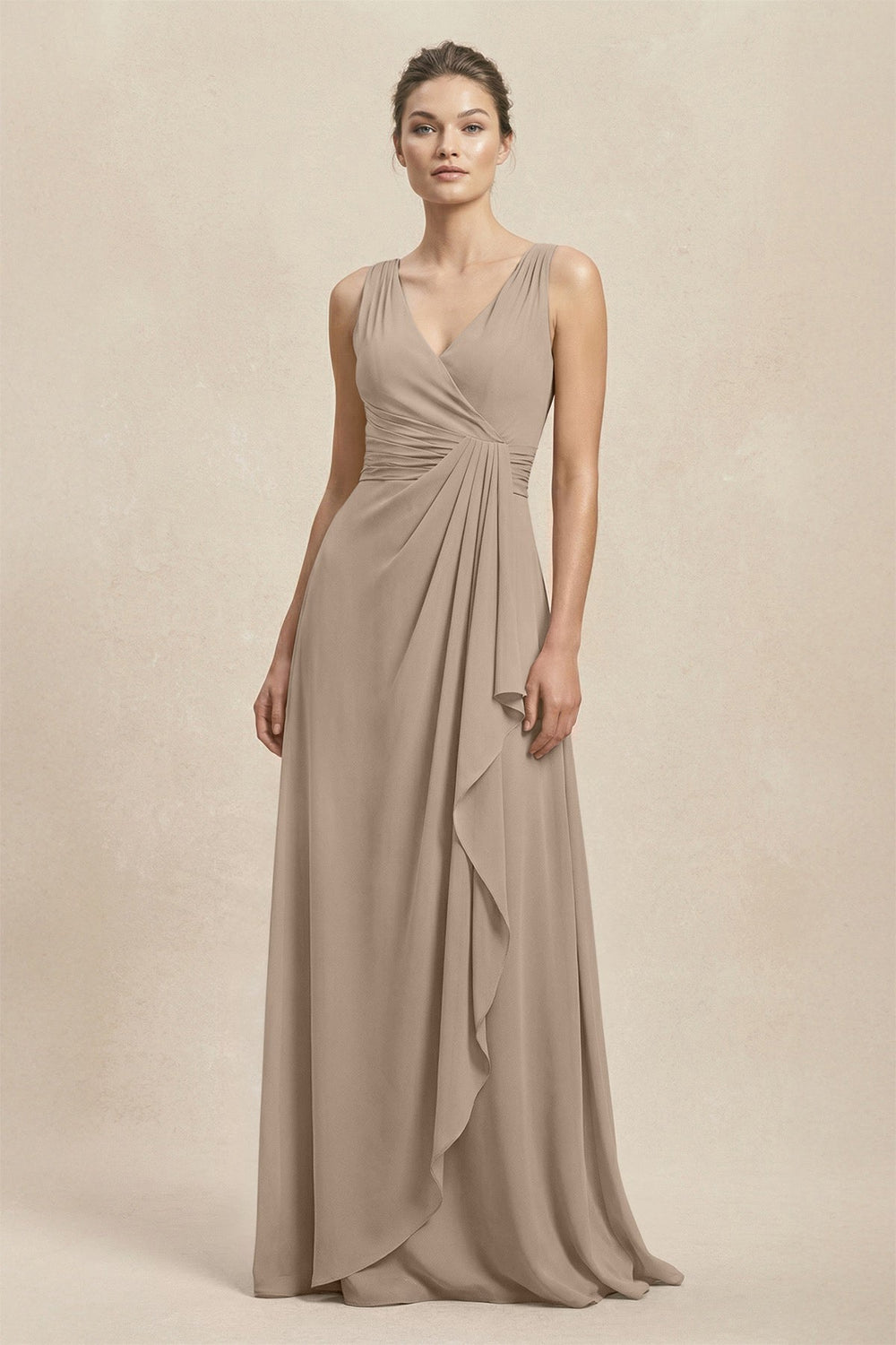 V-Neck Ruffled Ruched Chiffon A-Line Bridesmaid Dress in Almond