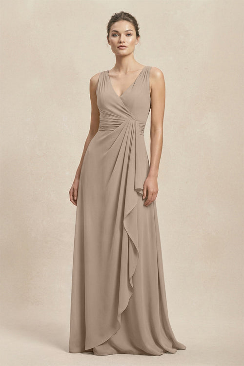 V-Neck Ruffled Ruched Chiffon A-Line Bridesmaid Dress in Almond | KISSBRIDAL