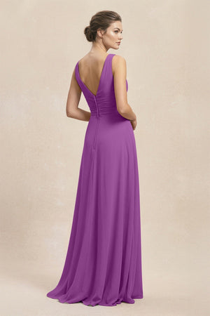 V - Neck Ruffled Ruched Chiffon A - Line Bridesmaid Dress in Amethyst - KISS BRIDAL Bridesmaid Dresses