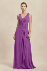 V - Neck Ruffled Ruched Chiffon A - Line Bridesmaid Dress in Amethyst - KISS BRIDAL Bridesmaid Dresses