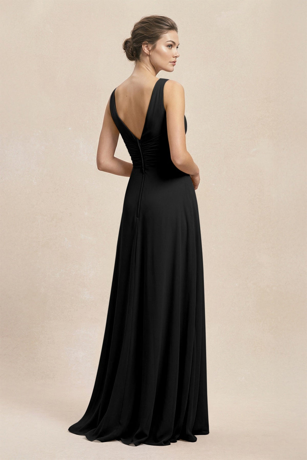 V-Neck Ruffled Ruched Chiffon A-Line Bridesmaid Dress in Black