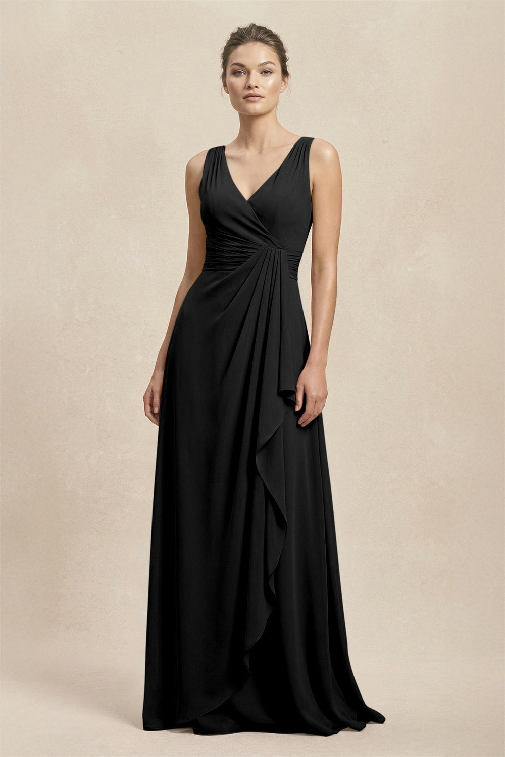 V-Neck Ruffled Ruched Chiffon A-Line Bridesmaid Dress in Black