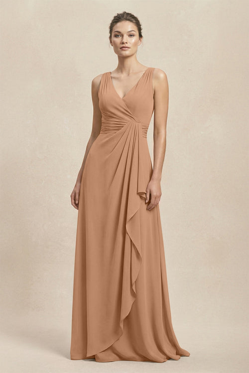 V - Neck Ruffled Ruched Chiffon A - Line Bridesmaid Dress in Bronzer - KISS BRIDAL Bridesmaid Dresses