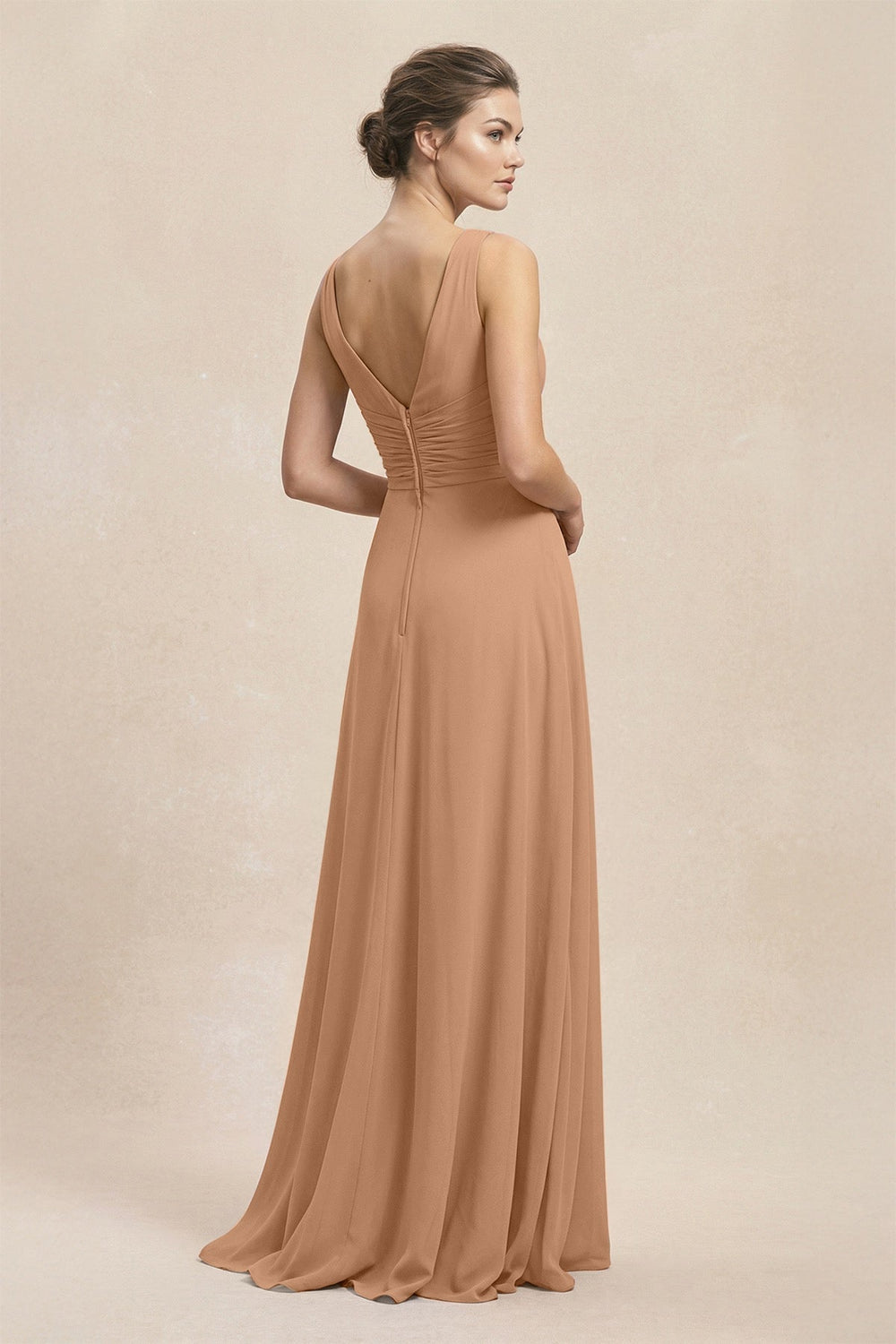 V-Neck Ruffled Ruched Chiffon A-Line Bridesmaid Dress in Bronzer